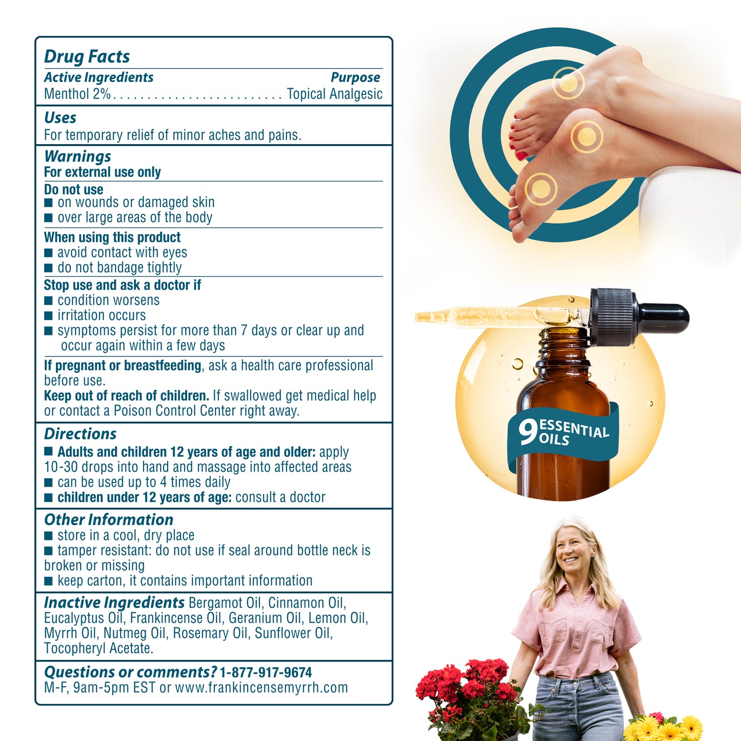 Bottle of essential oils with a target and foot illustration, and drug facts label on the left.