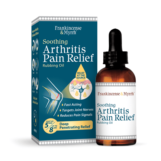 Frankincense & Myrrh Soothing Arthritis Pain Relief packaging and bottle on a white background