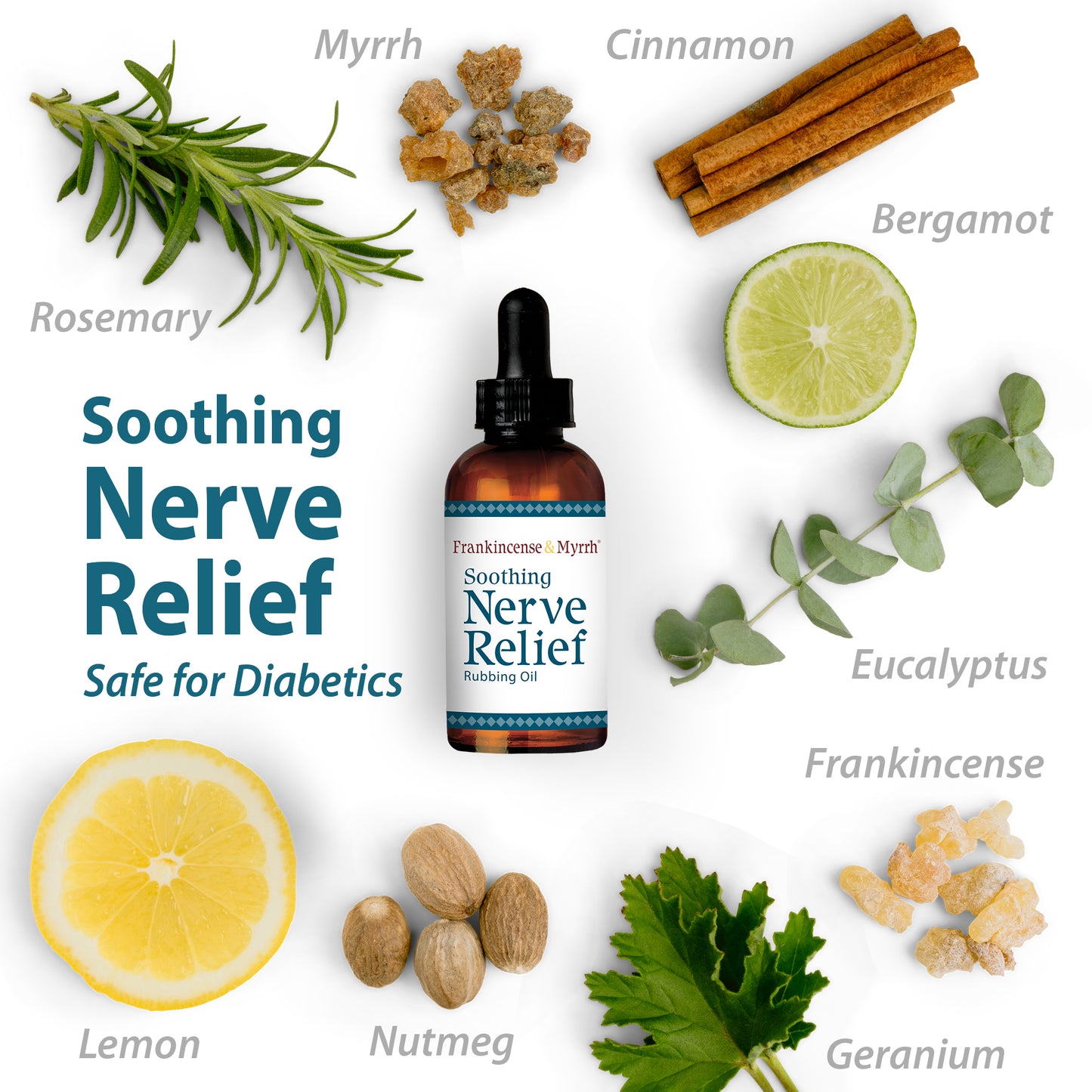 Bottle of 'Soothing Nerve Relief' oil with natural ingredients on a white background