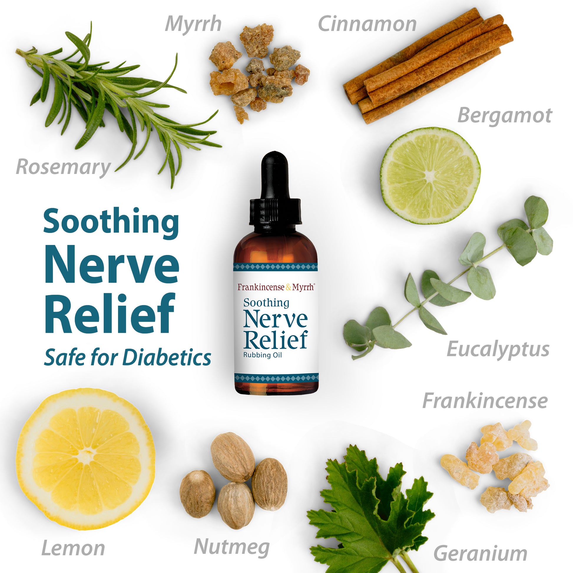 Bottle of 'Soothing Nerve Relief' oil with natural ingredients on a white background