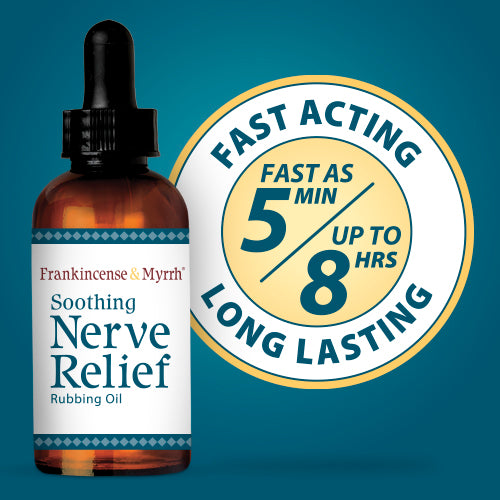 Bottle of Frankincense & Myrrh Soothing Nerve Relief Rubbing Oil with a blue background