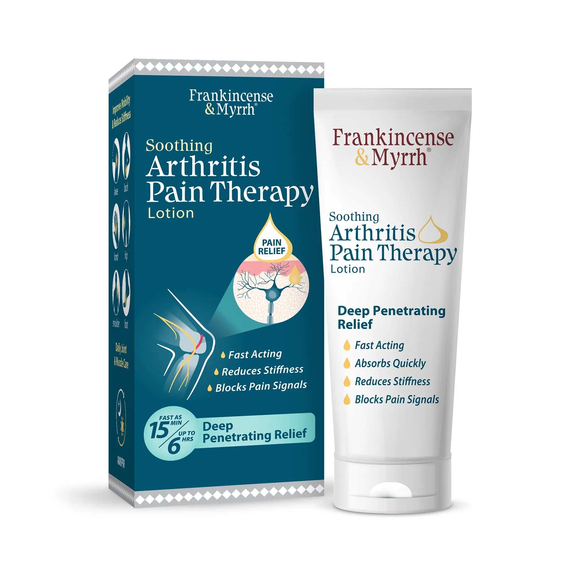Frankincense & Myrrh Soothing Arthritis Pain Therapy packaging and lotion on a white background
