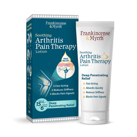 Frankincense & Myrrh Soothing Arthritis Pain Therapy packaging and lotion on a white background