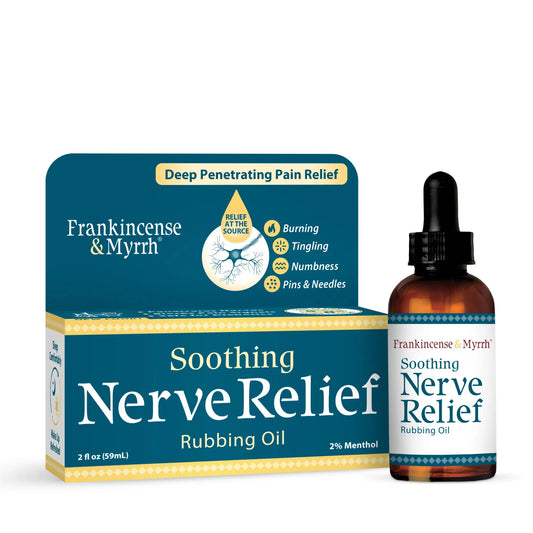 Frankincense & Myrrh Soothing Nerve Relief Rubbing Oil packaging and bottle on a white background